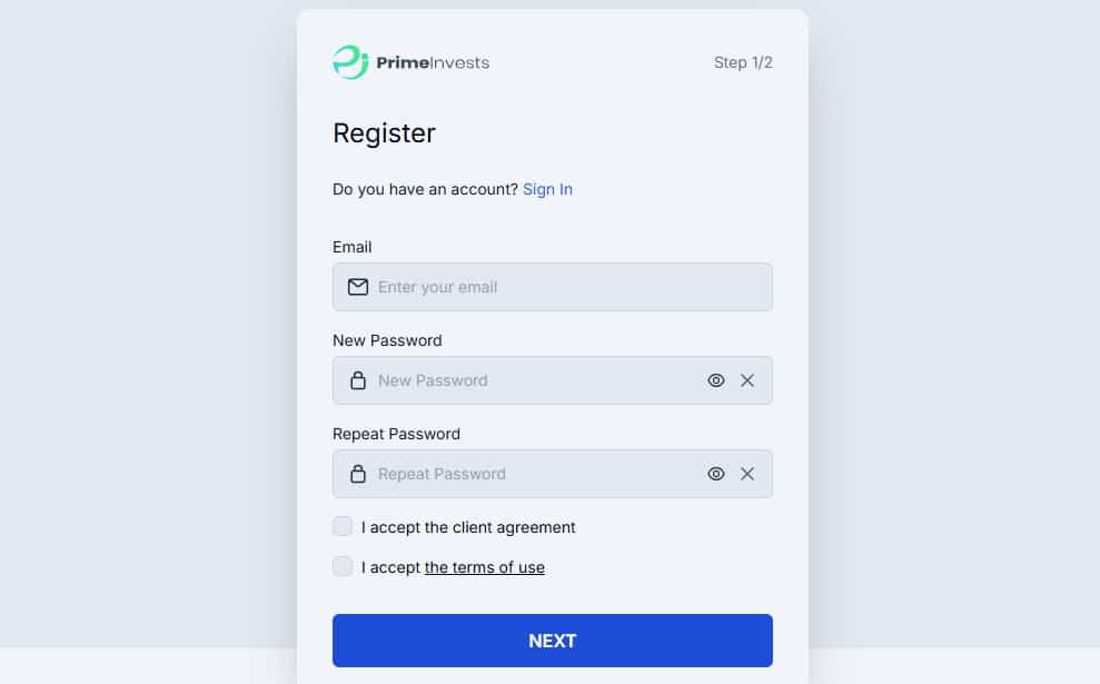 PrimeInvests Registration Page